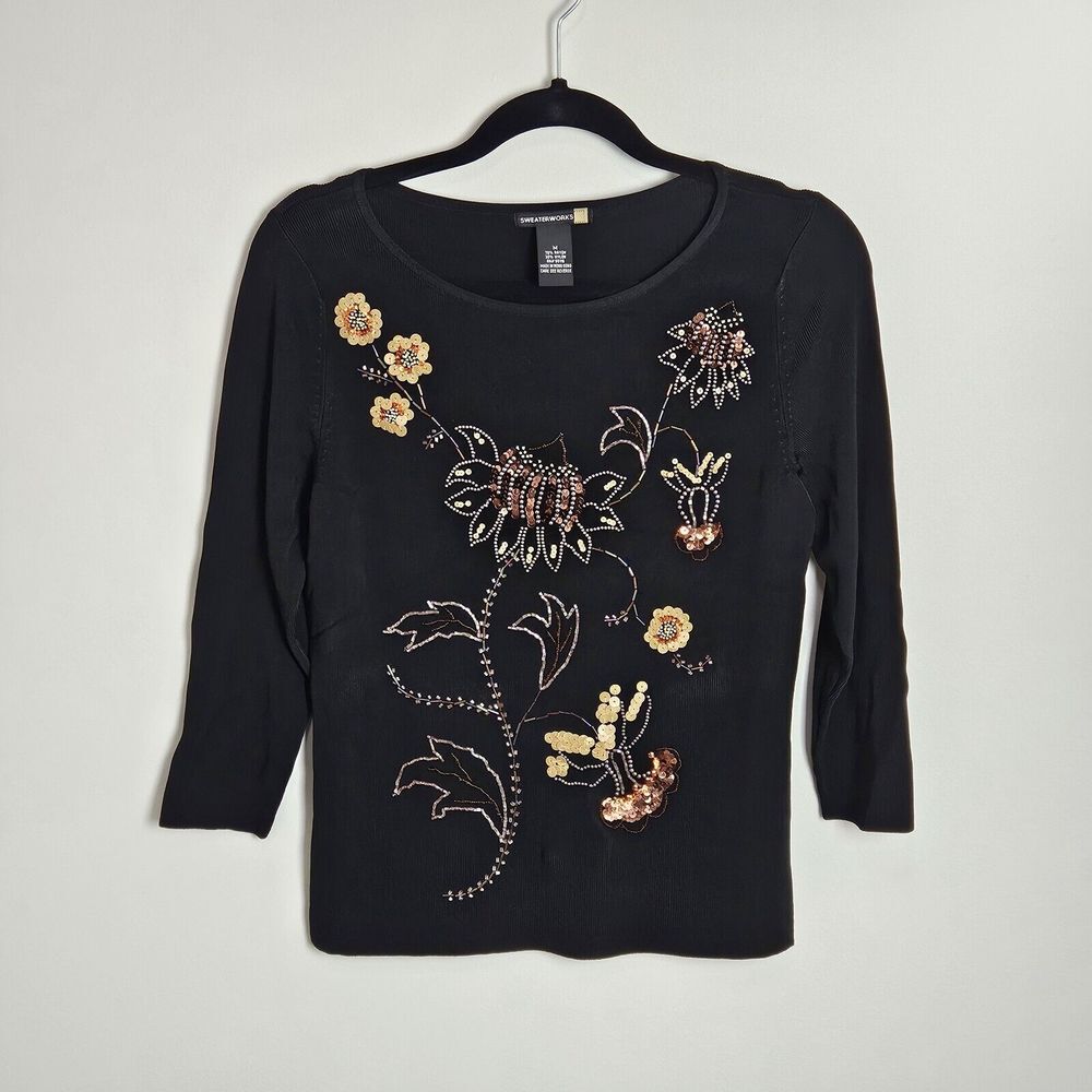 Sweaterworks Women's Size M Embellished Top Beaded Sequin Metallic Floral Blouse